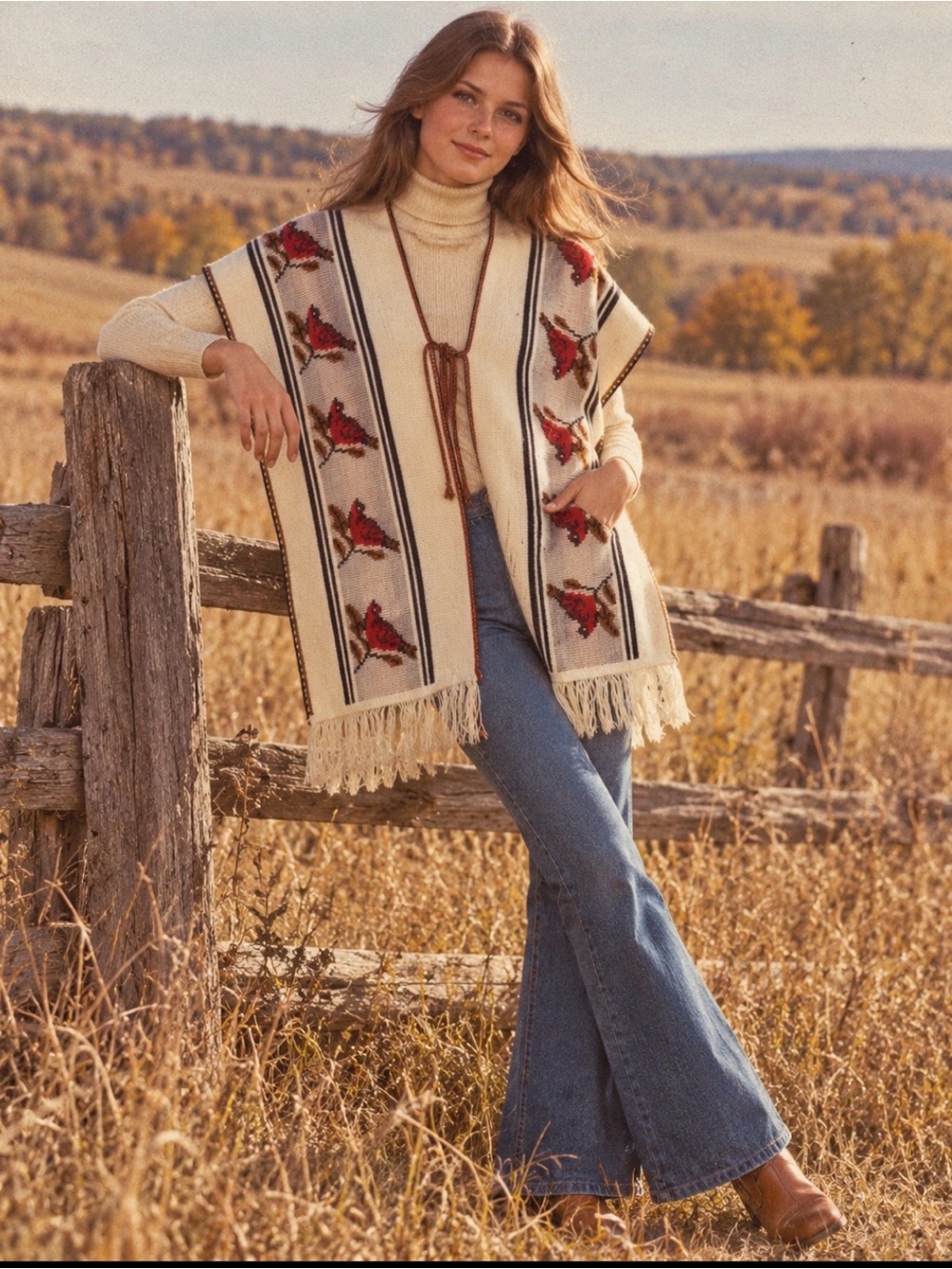 Vintage 1970s Bird Motif Knit Poncho Cape Fringe Western Prairie